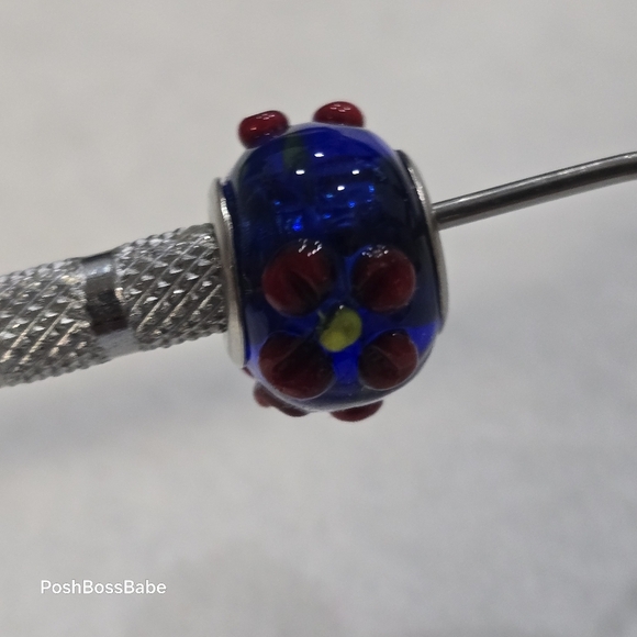 European-Style Blue Glass Bead with Red Floral Design – Fits Pandora Trollbeads - Picture 6 of 6